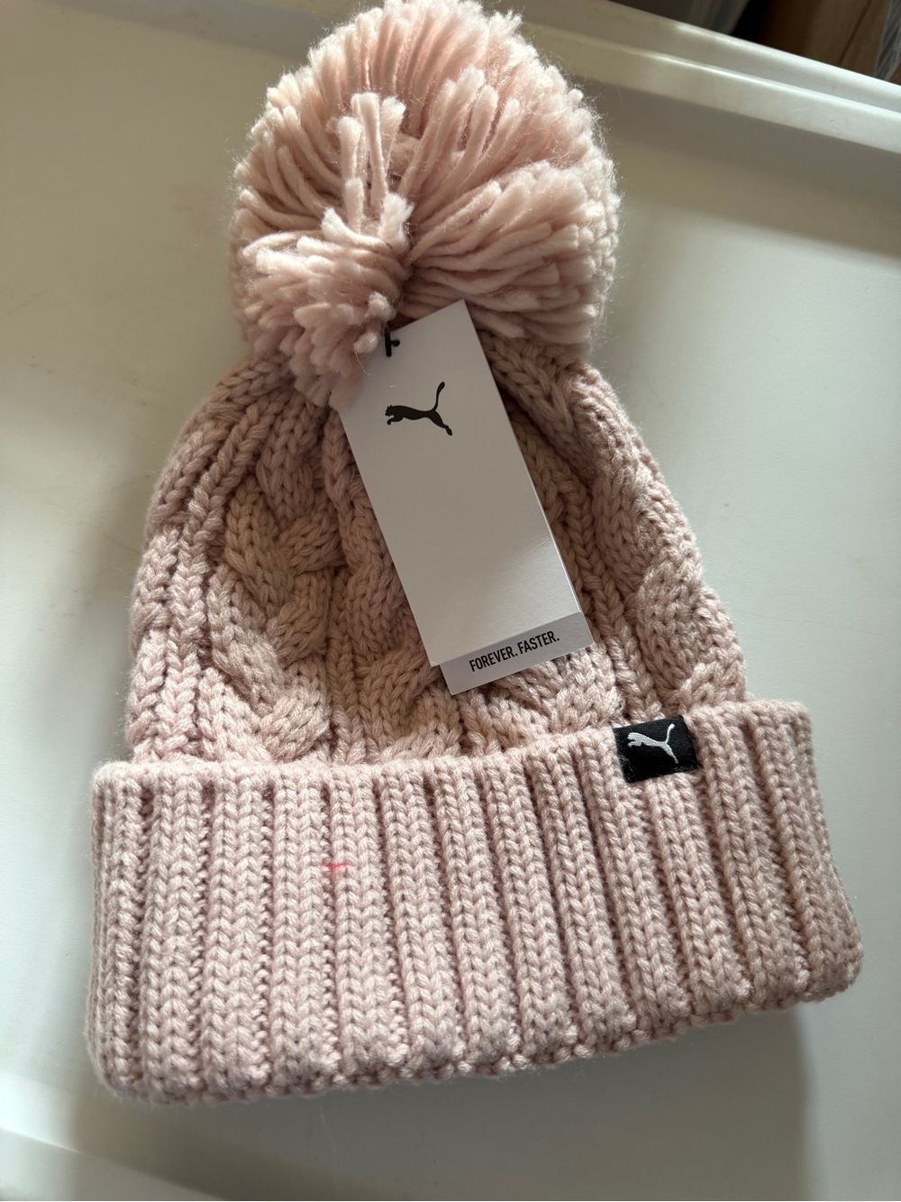 Puma Light Pink Cable Knit Pom Beanie NwT